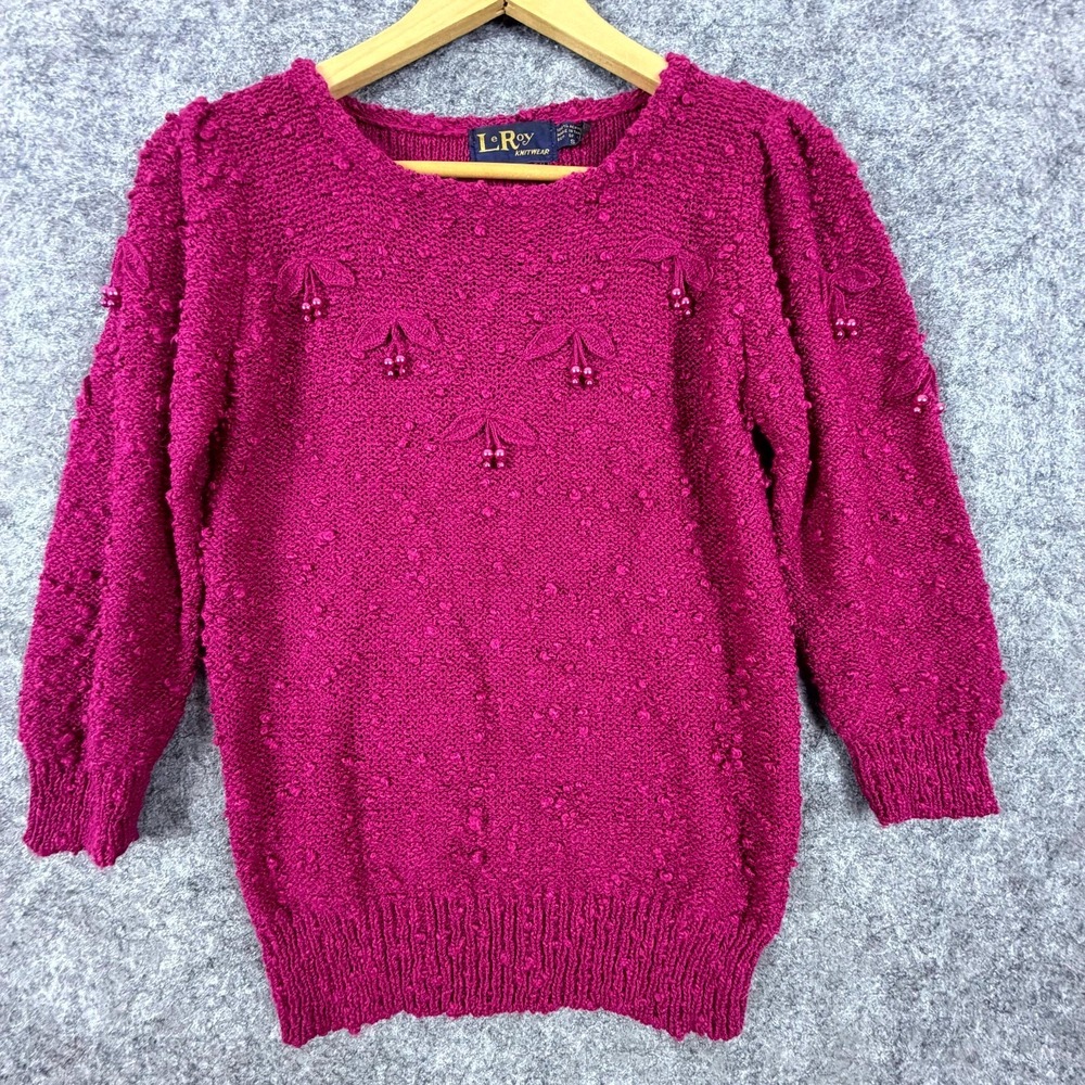 Vintage Leroy Knitwear Sweater Womens Small Pink Beaded 3D Cherries Grandma Chic